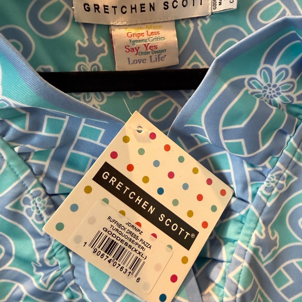 Gretchen Scott Designs Ruffneck Blue Green and White Dress Goddess XXL NWT